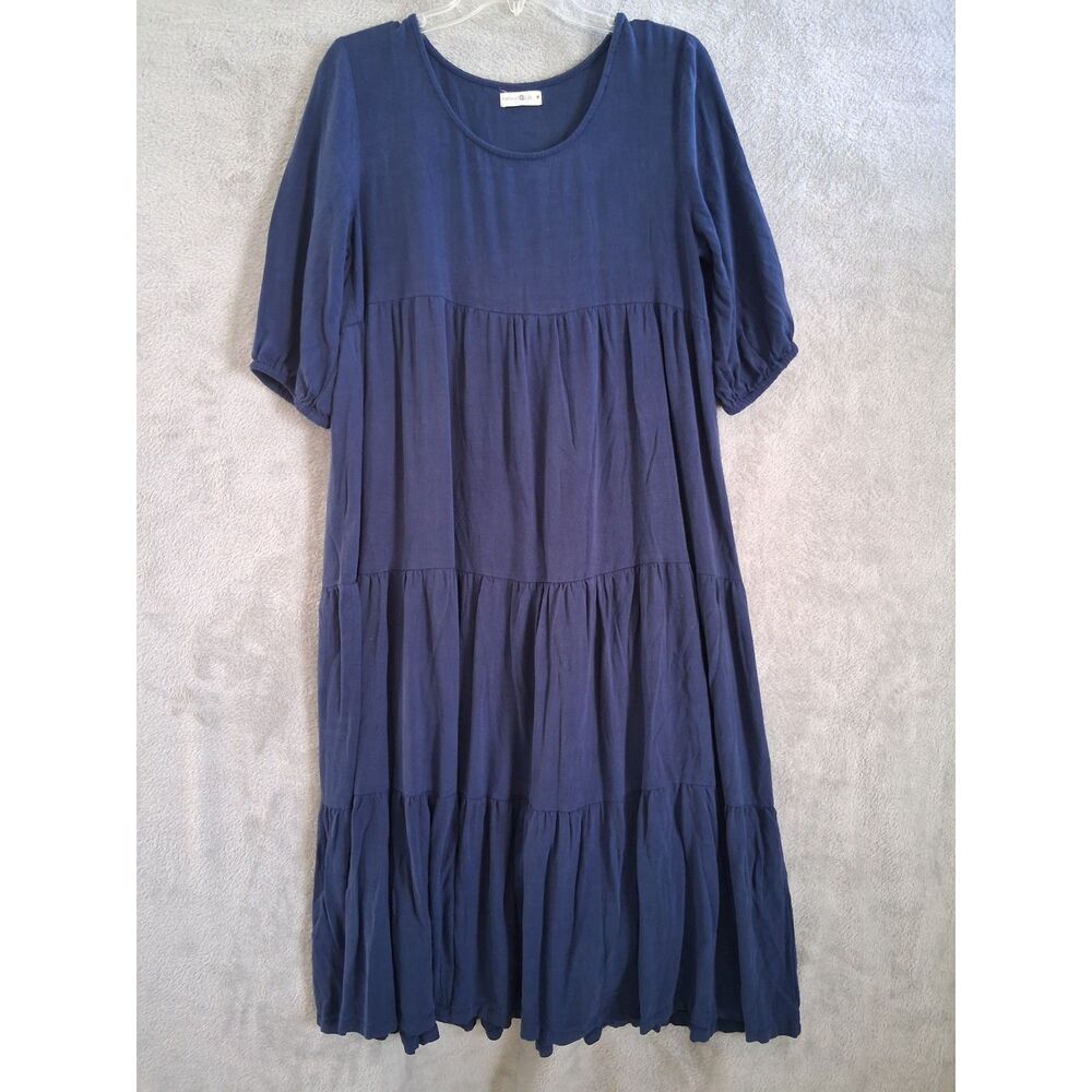 Natural Life Collette Tiered Maxi Dress M Solid Blue Flowy Boho Summer Modest